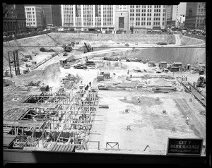 View of the construction of the parking garage at Pershing Square in Los Angeles, 1951