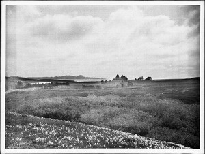 Distant view from the east of Mission San Carlos Borromeo, Monterey, and the bay, ca.1905