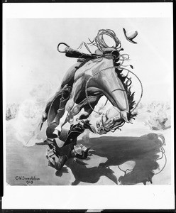 Painting by C.V. Swedblom, depicting a cowboy being thrown from a bucking horse, ca.1929