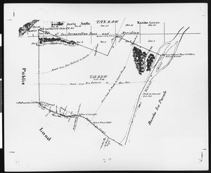 Map of an early rancho west of Rancho La Puente, Rancho Azuza, and Rancho Santa Anita, ca.1950