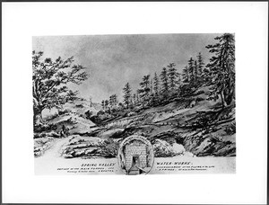 Drawing by Vischer of the Spring Valley Waterworks, San Mateo County, California, ca.1861