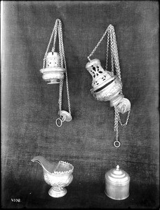 Silver altar censers used at Mission San Carlos Borromeo, Monterey, ca.1907