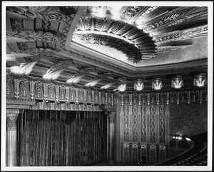 Interior view of the Wiltern Theater, showing the stage and ceiling