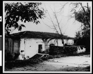 Exterior view of the western entrance to the mill at Mission San Gabriel, ca.1885
