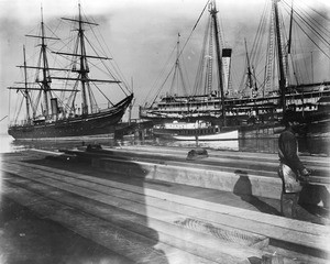 Docked sailing ships with returned Spanish-American War volunteers in San Francisco bay, 1898