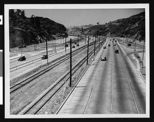 Cahuenga Pass with a few cars on the road, Hollywood, ca.1940-1949