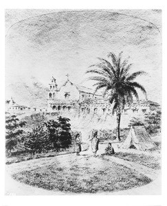 Drawing by Major Charles C. Churchill depicting an exterior view of the mission San Diego Alcala, ca.1858