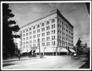 Exterior of the Van Nuys Hotel, looking north on Main Street at 4th Street, Los Angeles, ca.1895