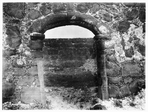 Looking in through the ruins of the main entrance of Mission Santa Margarita, California, ca.1906