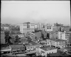 Panoramic view of downtown Los Angeles, looking east with the 8th Street and Olive Street intersection in view, ca.1910-1913