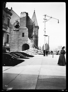 Exterior view of a church, showing earthquake damage, Oakland, 1906