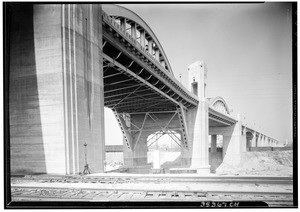 Sixth Street Bridge, showing railroad tracks in the foreground, June, 1933