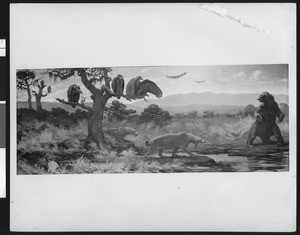 Drawing depicting a waterhole scene at the La Brea Tarpit area of southern California, ca.1930
