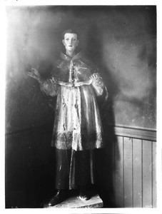 Wooden statue of Saint Buenaventura at the Convent of Domican Sisters at Mission San Jose de Guadalupe, ca.1906