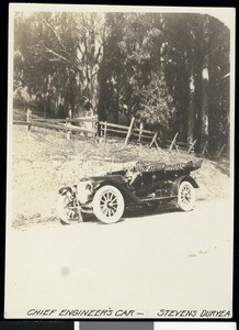 Chief Engineer Stevens Duryea's automobile on a rural road, ca.1910
