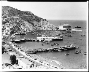 Birdseye view of Avalon Harbor in Catalina, 1930-1940