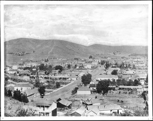 Panoramic view of Sonora Town from Fort Moore Hill looking north over Castelar (or Castellar?) Street, ca.1885