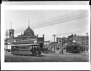 Illustration depicting the intersection of Market Street and McAllister Street in San Francisco, ca.1890