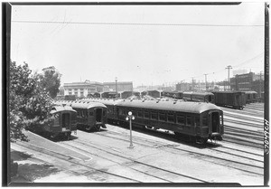 Parked railway cars at the Southern Pacific Railroad yard at Sixth Street and Central Avenue, 1926