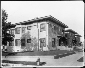 Exterior view of apartment buildings on West Sixth Street, Los Angeles, 1900