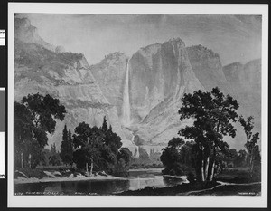 Drawing (watercolor painting?) depicting Yosemite Falls in Yosemity National Park, ca.1865-1885