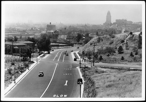 View of the completed lanes of North Figueroa Street, looking south, ca.1936