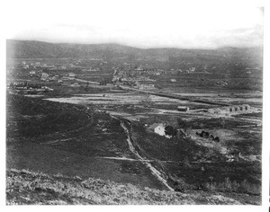 Birdseye view of east Los Angeles, showing the Downey Avenue bridge, ca.1873