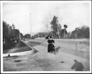 Mrs. Henry Hazard on her bicycle at the corner of Washington and Figueroa Streets looking north, Los Angeles, ca.1898