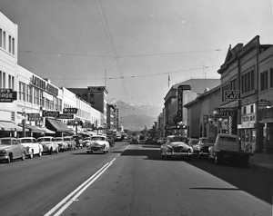 Third Street in San Bernardino, looking east towards Mount San Bernardino, ca.1953