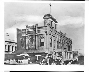 Exterior view of the Temple Building, the first Los Angeles County Court House, ca.1880