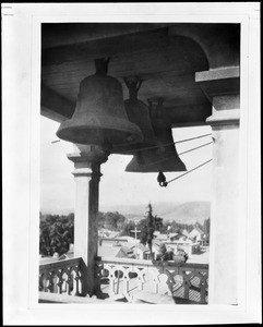 Interior view of the bell tower at Mission San Luis Obispo, ca.1900