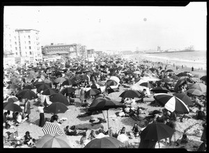 Bathers crowded onto a beach at Santa Monica's Ocean Park, ca.1910