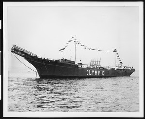 A side view of a fishing barge called "Olympic", ca.1930