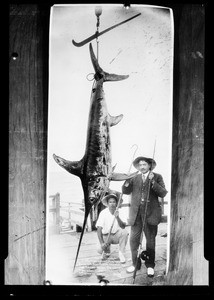 Two men posing with a swordfish on a pier