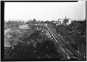 Birdseye view of the Colorado Street Bridge in Pasadena, 1930-1940