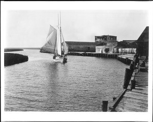 A small sailboat sailing into Port Alvsio harbor, San Jose, ca.1900