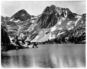 View of Roe Lake and Roe Peak in Sierra Nevada, Fresno, California, ca.1910