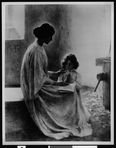 The painting "Evening Prayer" by Kowalksi depicting a woman guiding a child through prayer