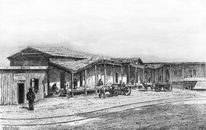 Drawing depicting Calle de Los Negros in Los Angeles, later Chinatown, ca.1876