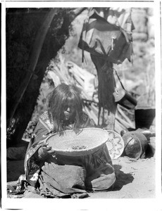 Havasupai Indian woman, Chick-a-pan-a-gie's wife, parching corn in a basket, 1898