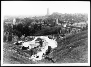 Panoramic view of North Figueroa Street, looking south from Spruce Street, showing early stages of street improvements on Figueroa, November 1935 or February 1936