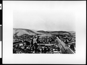 Drawing depicting Sonora Town, the first plaza area in Los Angeles, east from Fort Hill, ca.1887
