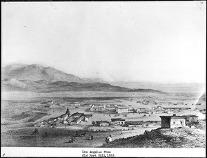 Drawing (or painting?) of the Los Angeles Plaza done in 1853 by Charles Koppel, looking east from Fort Moore Hill to the west, 1853