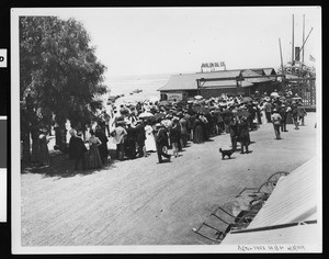 Large crowd gathered in a street near Avalon Harbor to hear a speaker, ca.1902-1905