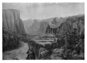 Painting of a night scene in Yosemite from Dutch Flat Road with river and cloud-filled sky, ca.1900