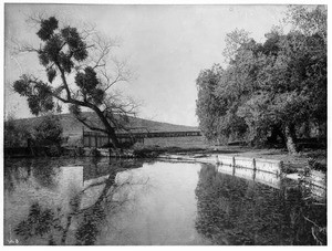 Sheep wash place at Guajome Ranch, with a fence in the background, ca.1898-1901