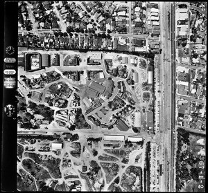 Aerial view of a road passing through Century City, May 4, 1959