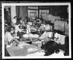 ladies dress factory Female workers assembling shirts at a Garment District in Los Angeles, 1940-1950 — Calisphere mdw-2026