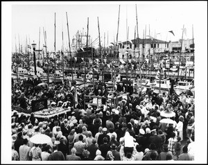 Blessing of the San Francisco fishing fleet in a ceremony at Pier 39-1/2, Fisherman's Wharf, ca.1940