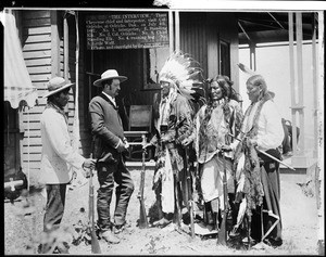 Three Cheyenne chiefs and an interpreter visiting Colonel Oelrichs at Oelrichs, South Dakota, July 4, 1887